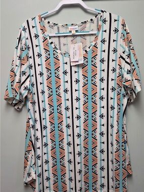 LuLaRoe Short Sleeve Aztec Stripe Top - White, Teal & Coral